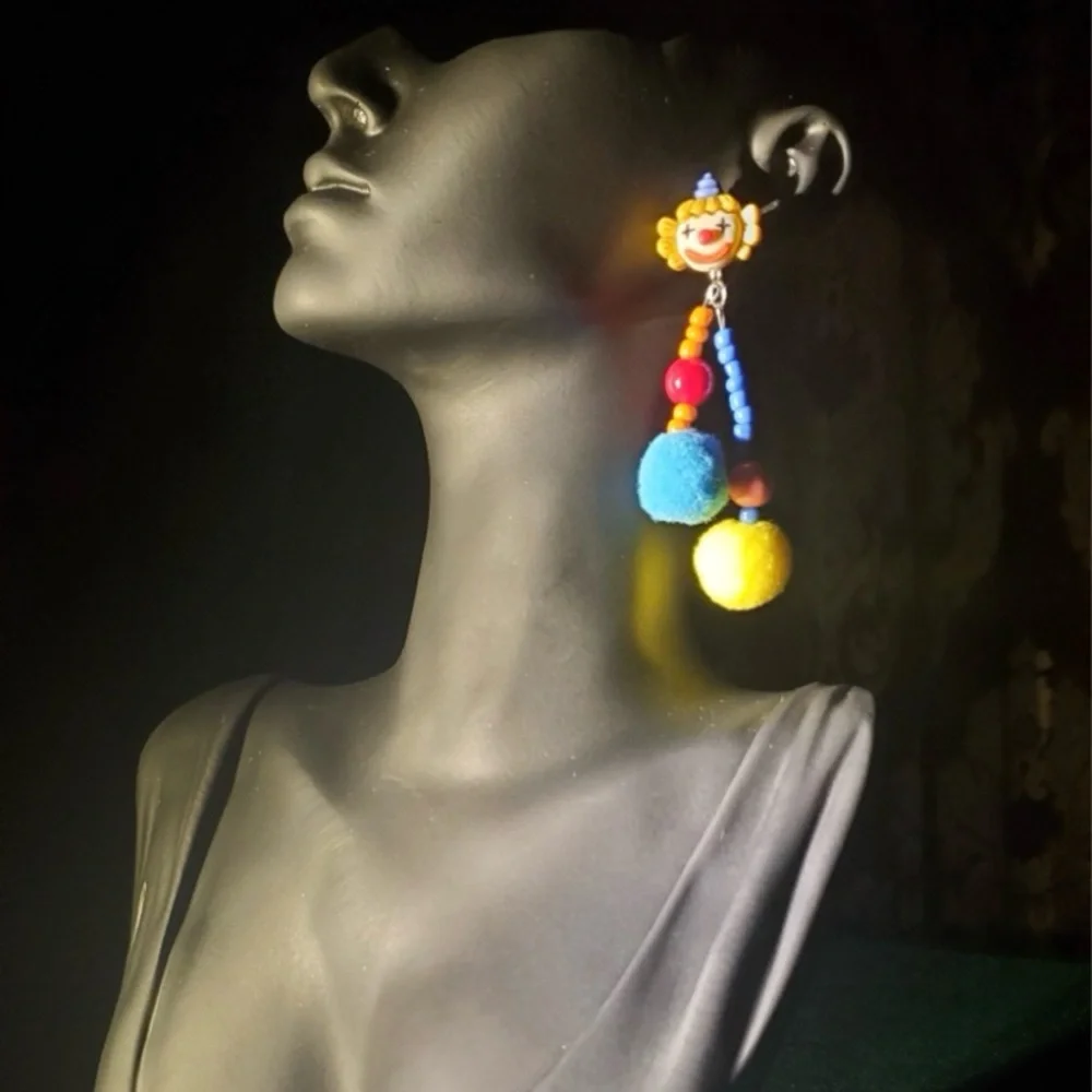 Colorful Pom Pom Clown Earrings - Picture 5 of 5